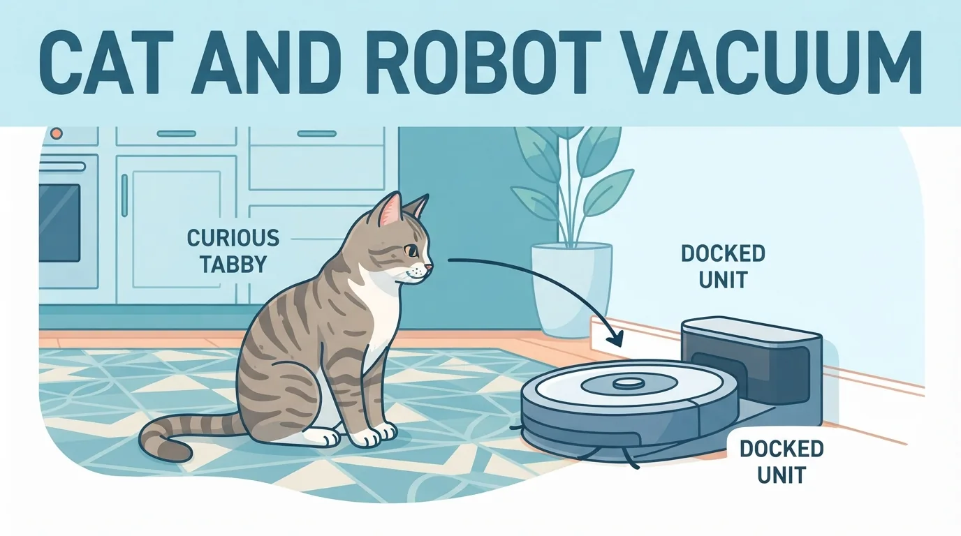 Salon zemininde üç farklı robot süpürge, arkada köpek ve kedi
