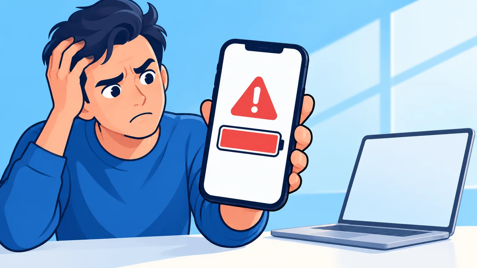 Telefonunda depolama alanı dolu uyarısı görünen ve yanında dizüstü bilgisayar bulunan bir masa