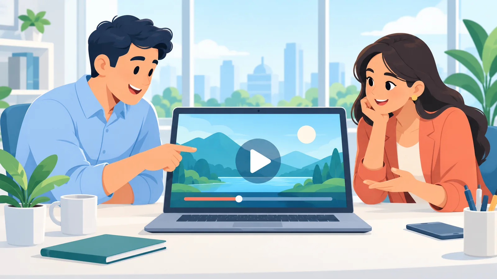 Parlak bir ofiste paylaşılan videoyu birlikte inceleyen iki iş arkadaşı