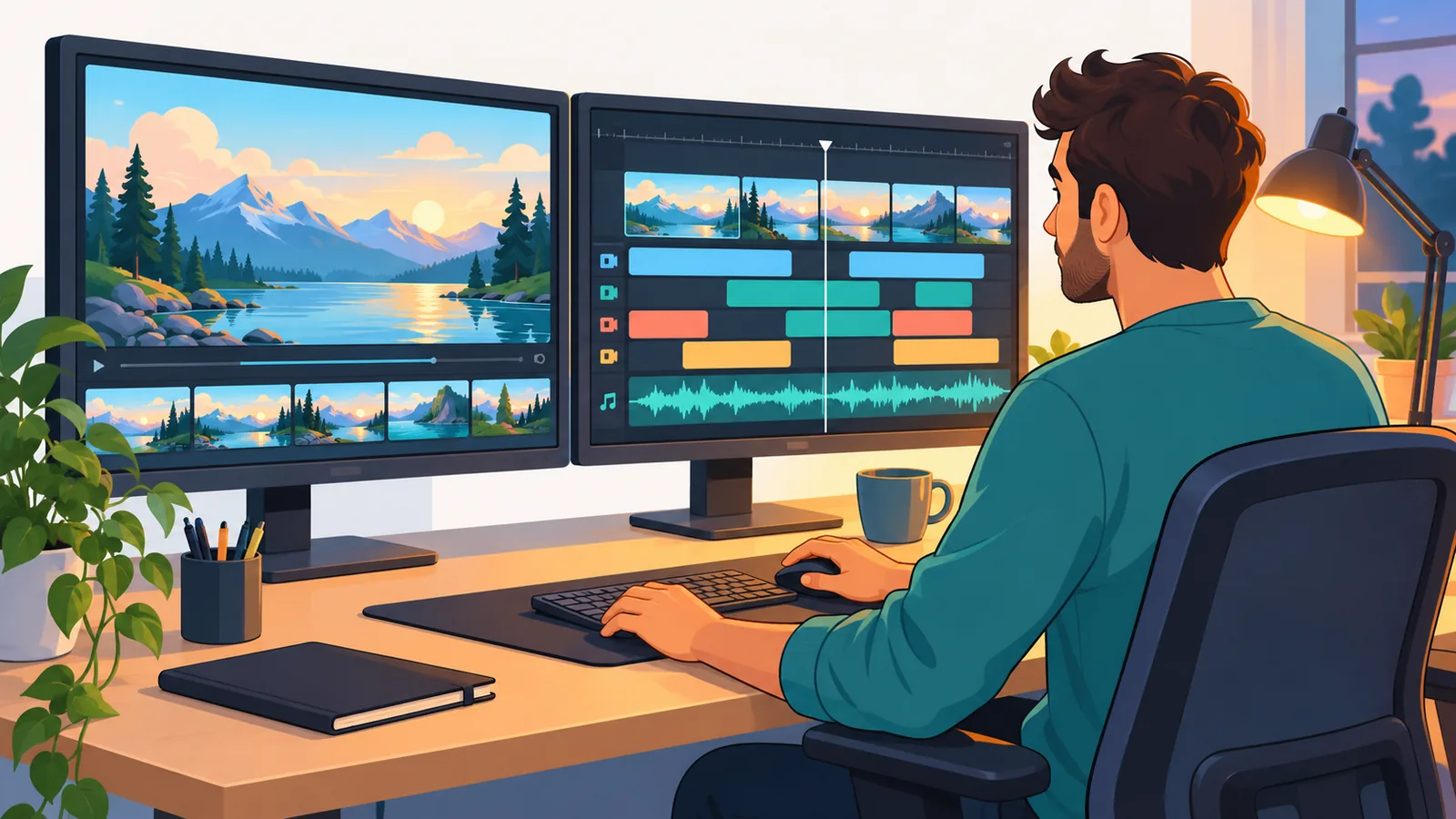 Çift monitörlü çalışma istasyonunda zaman çizelgesi açık video editörü