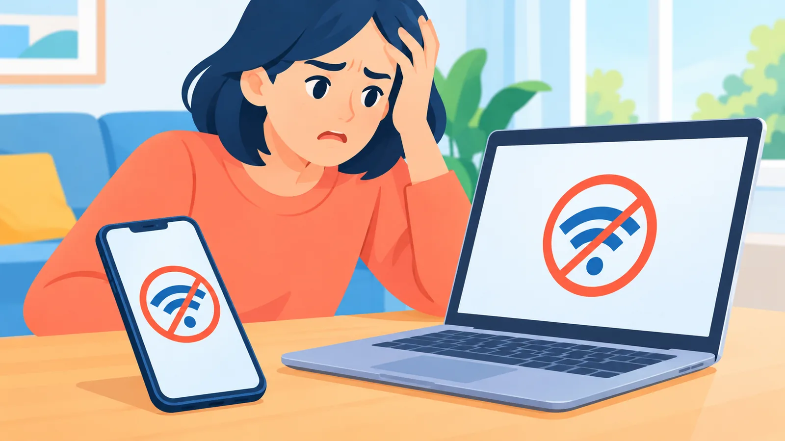 Oturma odasında masada yan yana duran dizüstü bilgisayar ve telefon, ikisinde de internet yok uyarısı görünüyo