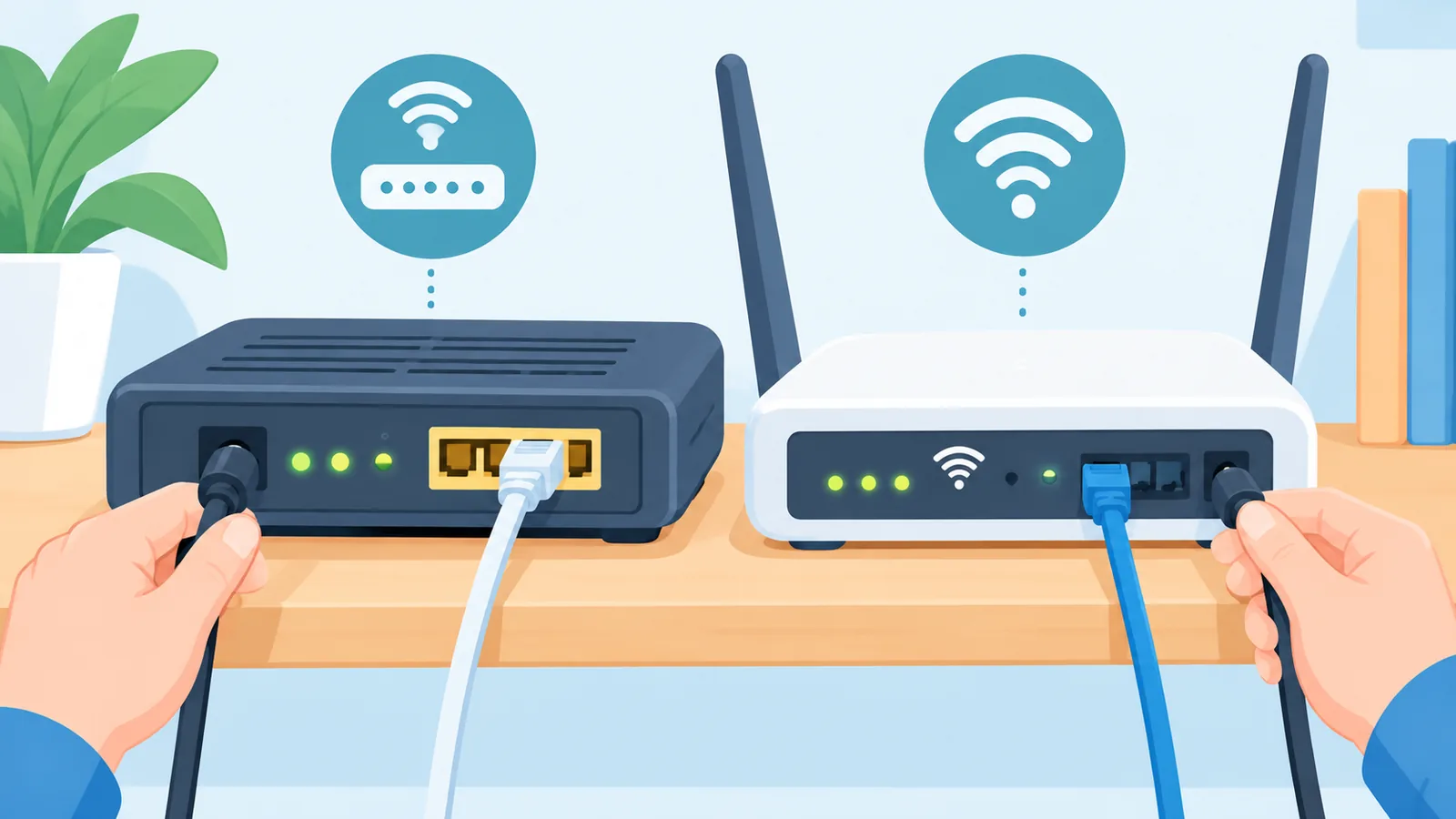 Rafta duran modem ve router, modemin güç kablosu takılırken durum ışıkları görünüyor