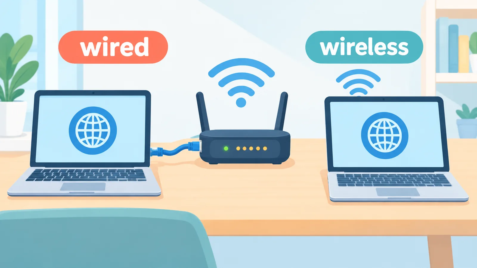 Ethernet kablosuyla router'a bağlı bir dizüstü bilgisayar ile kablosuz bağlı ikinci bir bilgisayar, hız testi 