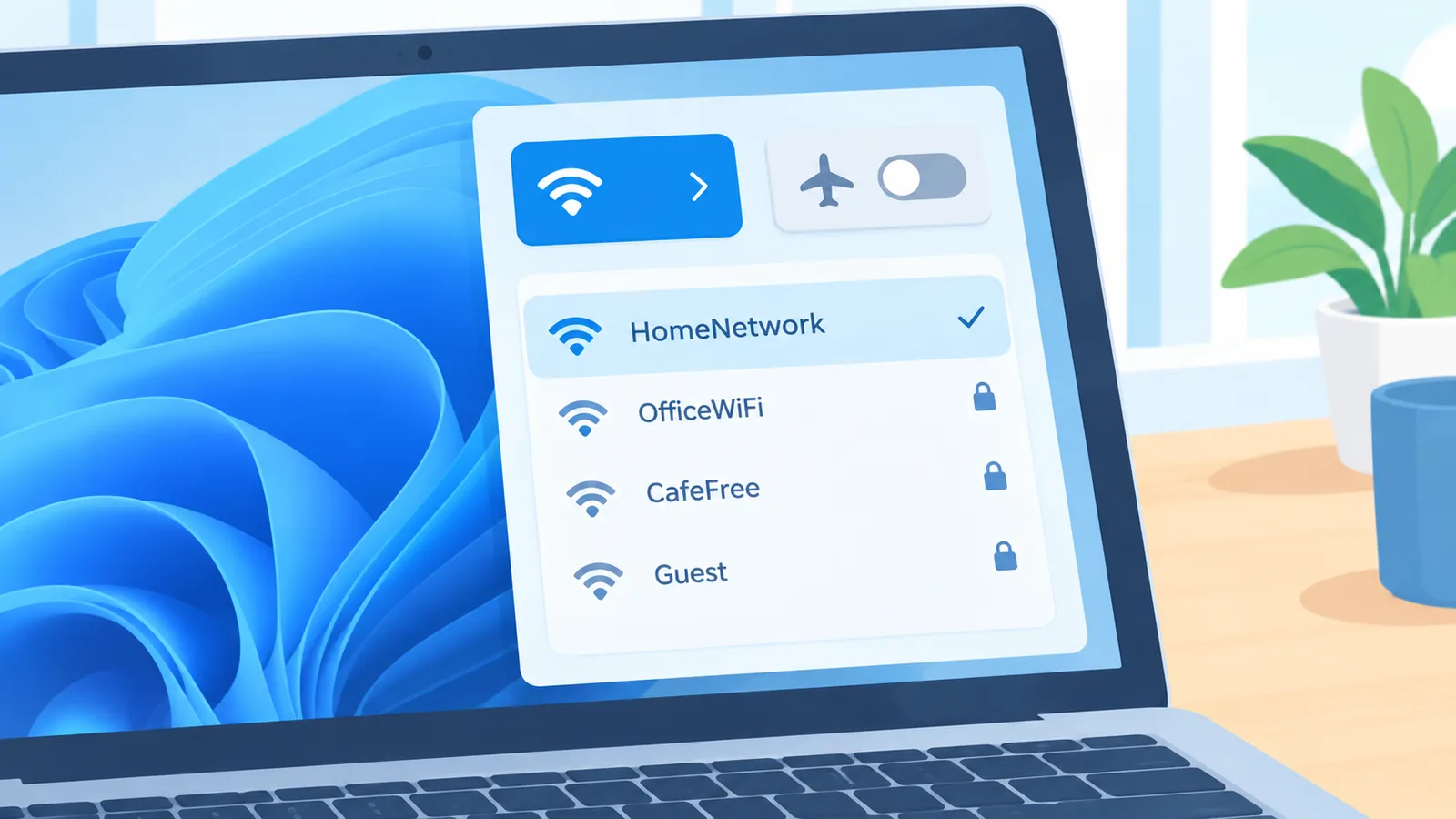Windows bilgisayarda Wi-Fi hızlı ayarlar paneli, uçak modu kapalı ve kayıtlı ağlar listesi görünüyor