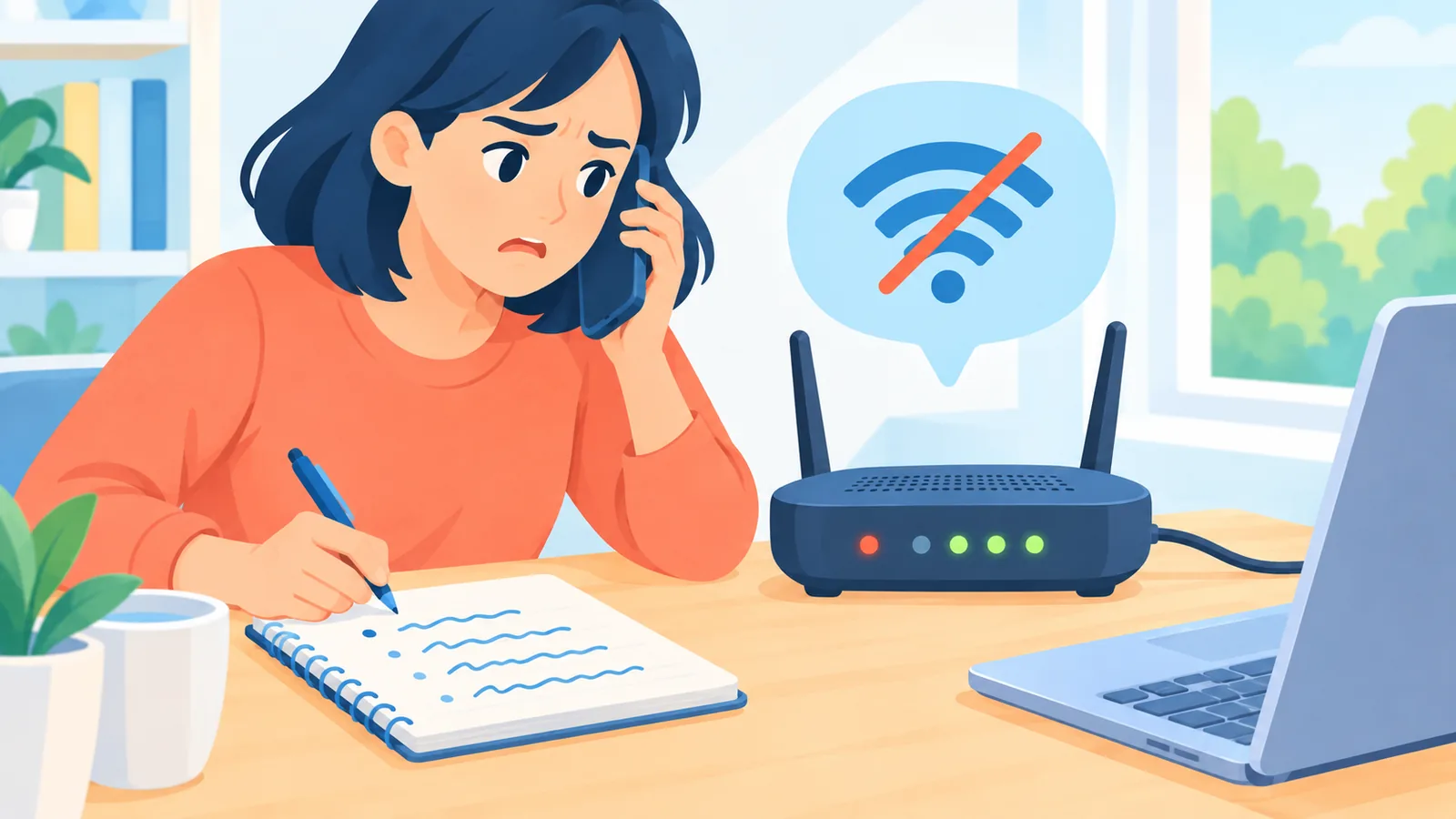Masada telefonla görüşen bir kişi, yanında not defteri ve ışıkları yanan bir modem var