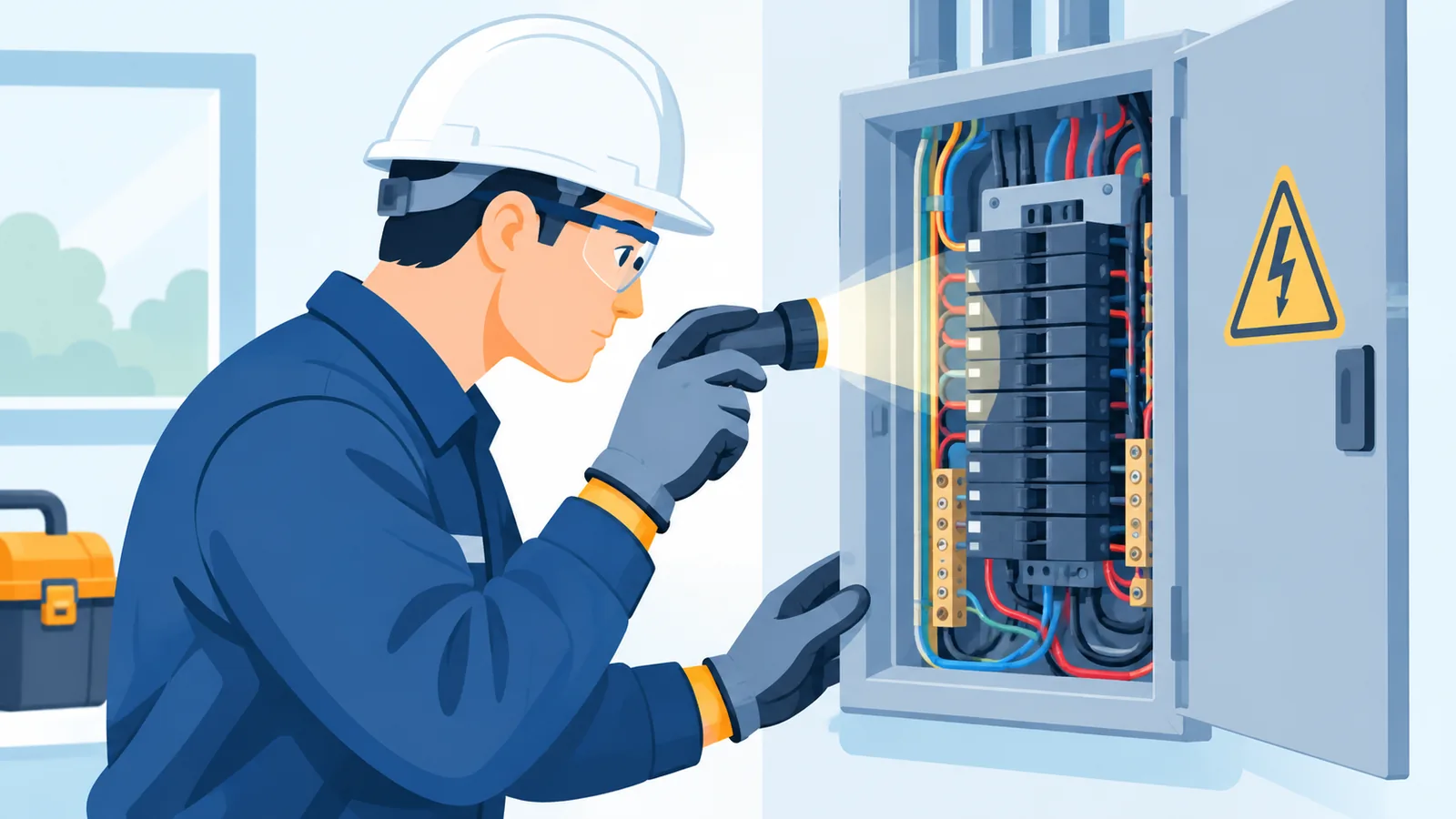 Eldiven ve koruyucu gözlükle panoyu inceleyen elektrik teknisyeni