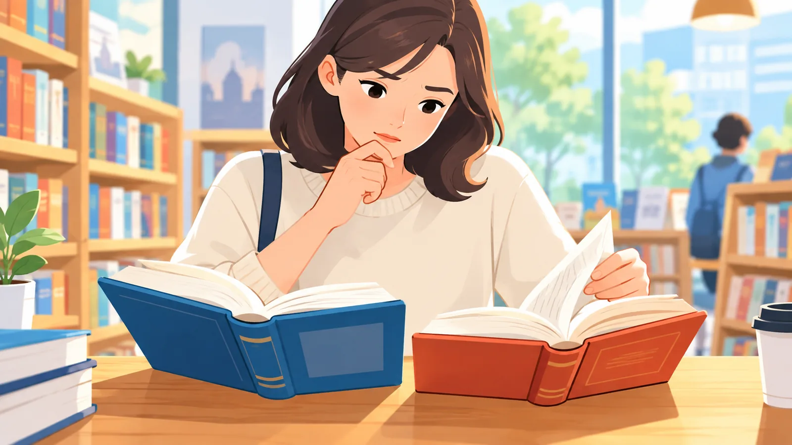 Покупець порівнює дві історичні книжки в книгарні
