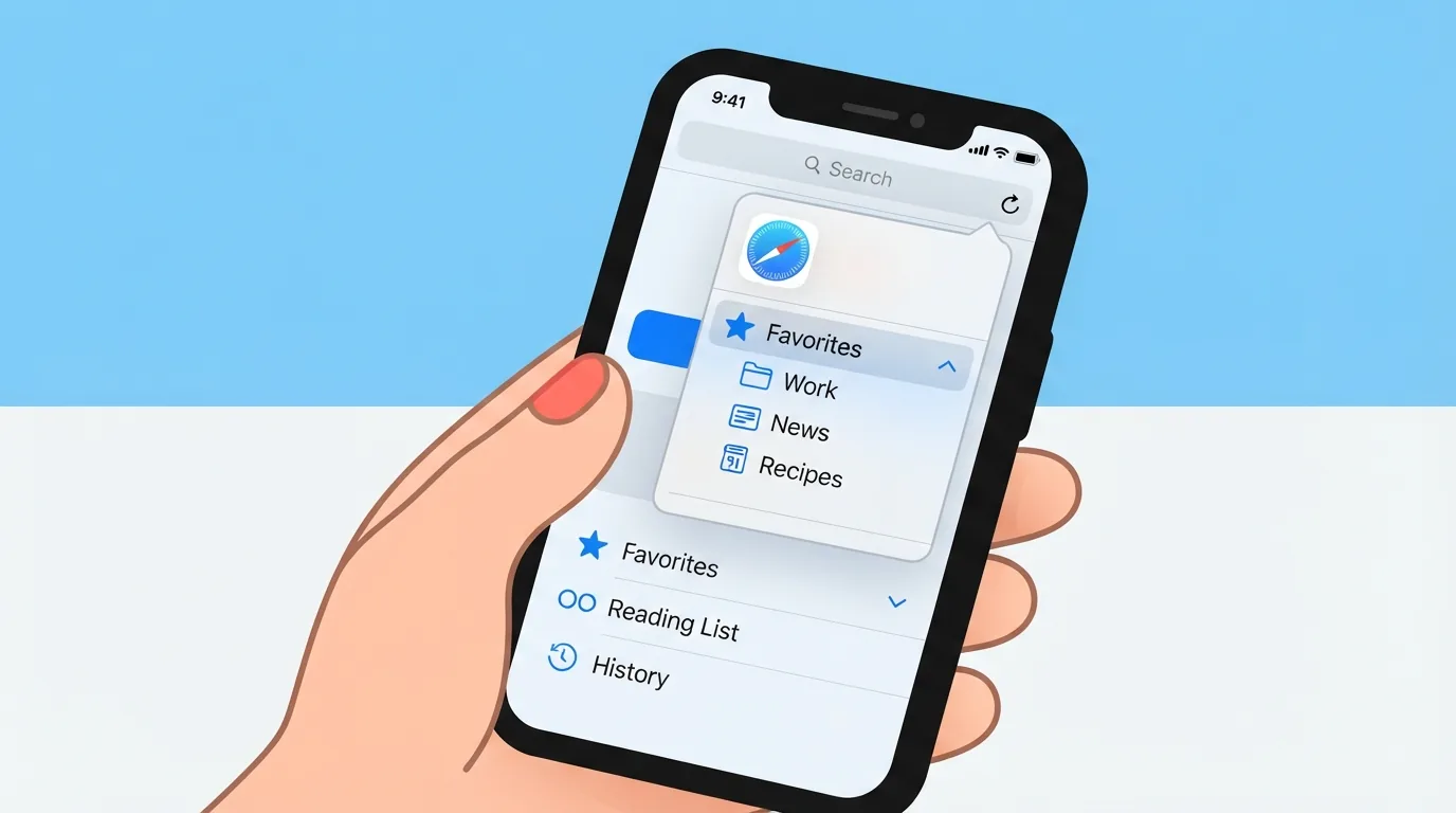 iPhone зі Safari та відкритим меню закладок