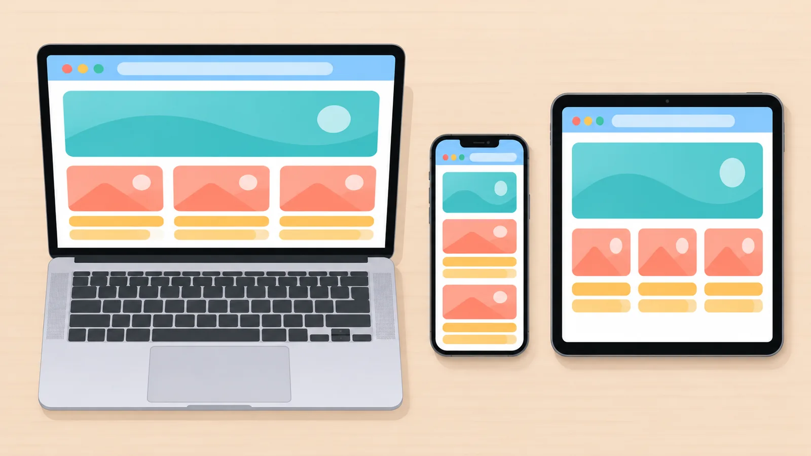MacBook, iPhone та iPad поруч на столі з однаковими сторінками браузера