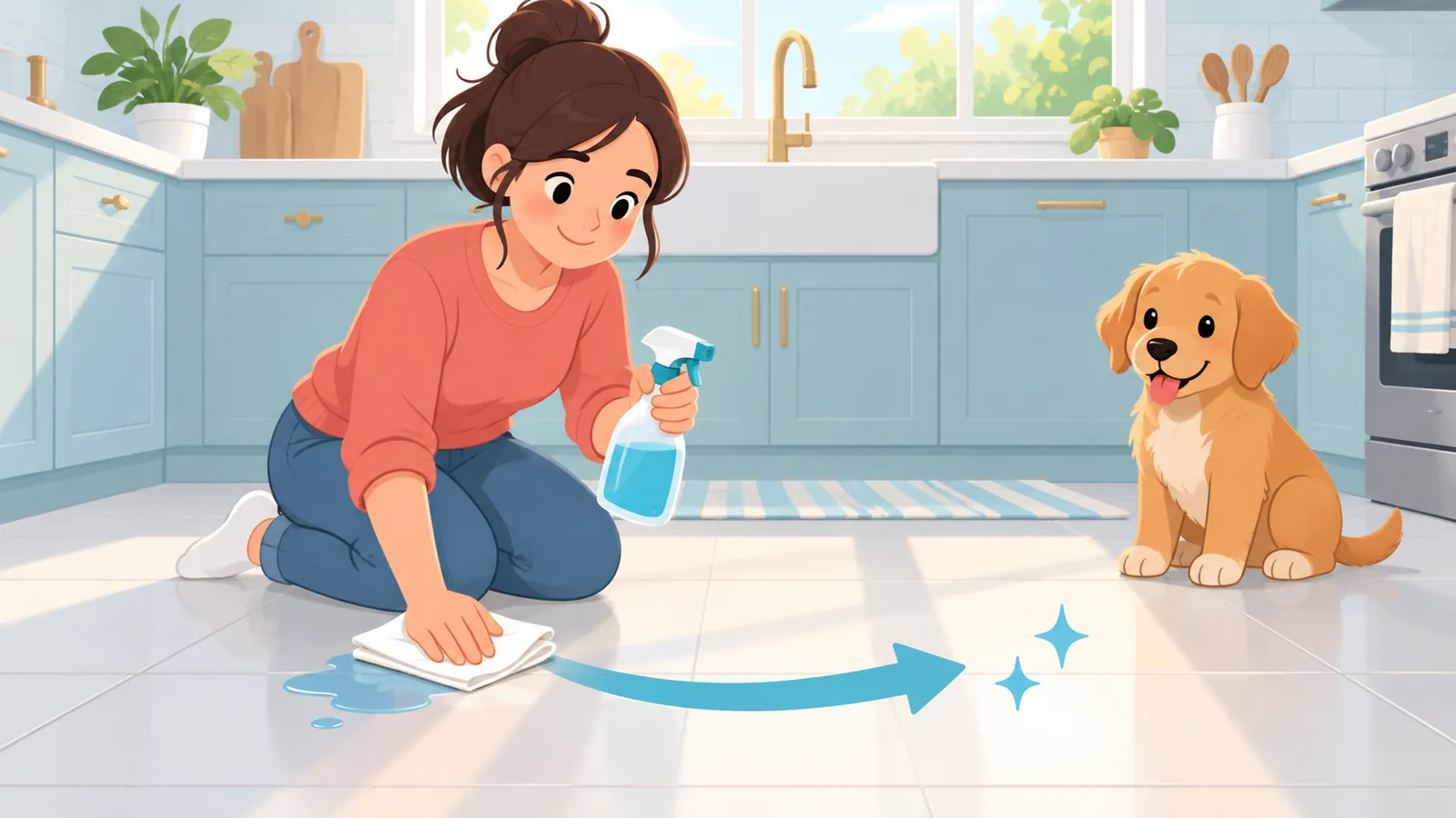 Людина спокійно прибирає калюжу, цуценя сидить поруч