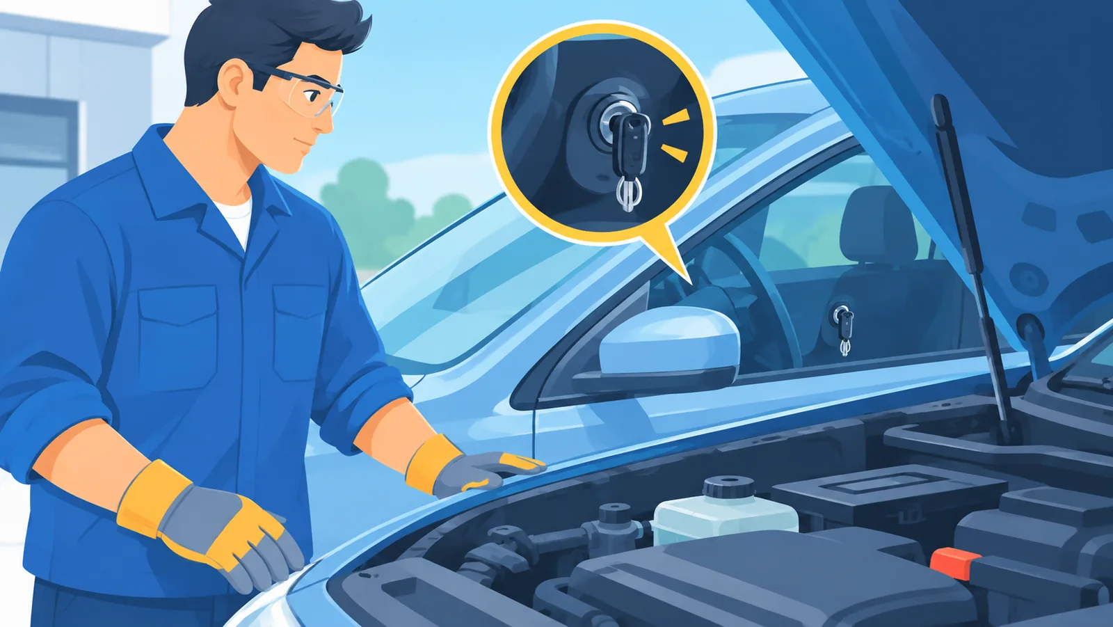 Người đeo kính và găng tay bảo hộ chuẩn bị làm việc với ắc quy