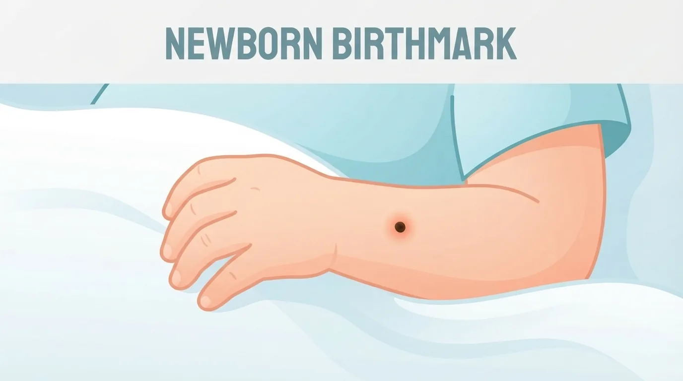 Bàn tay em bé sơ sinh với một nốt nhỏ trên cánh tay