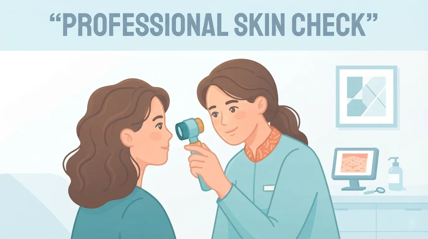 Bác sĩ da liễu kiểm tra nốt ruồi trên má bệnh nhân bằng dụng cụ soi da