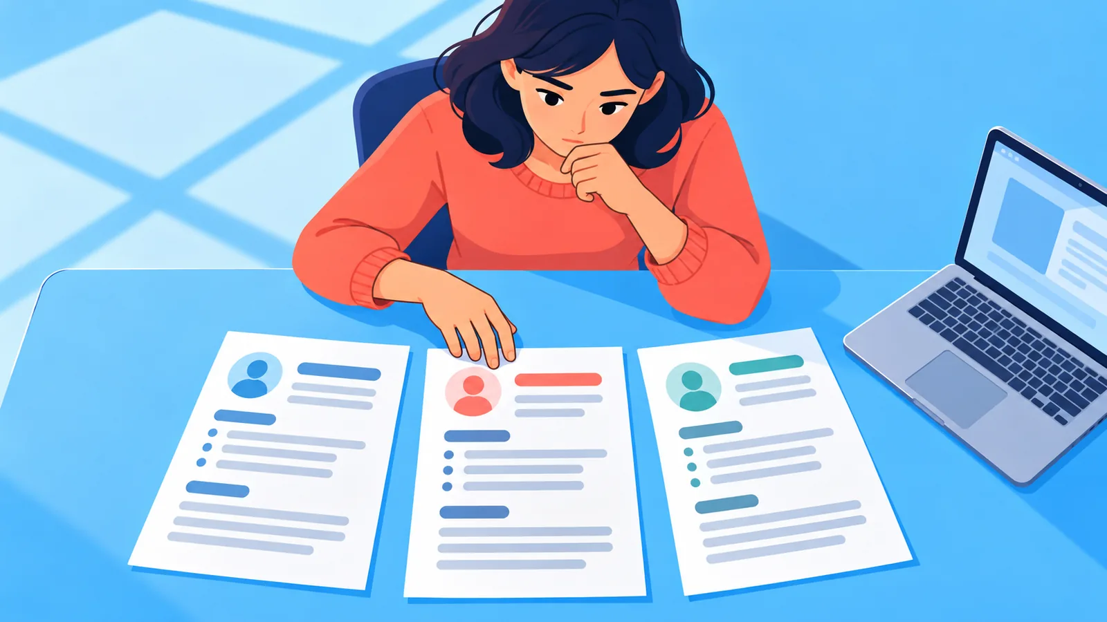 Người tìm việc so sánh nhiều bản CV in trên bàn làm việc