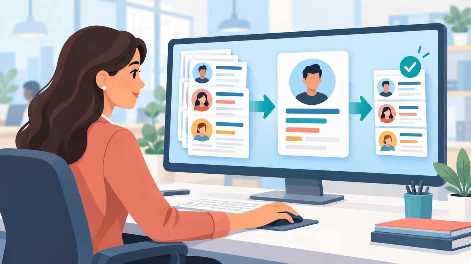 Nhà tuyển dụng sàng lọc hồ sơ CV trên màn hình máy tính