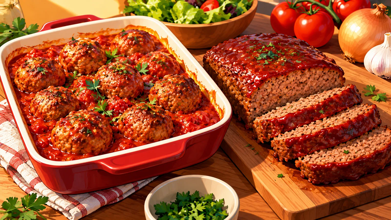 Khay bò viên sốt cà chua và meatloaf cắt lát