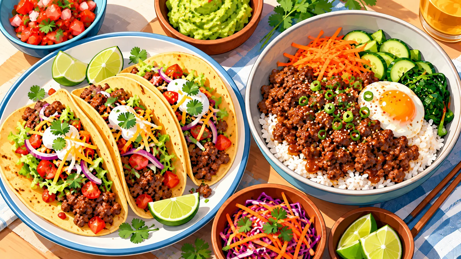 Taco thịt bò xay và bát cơm bò kiểu Hàn