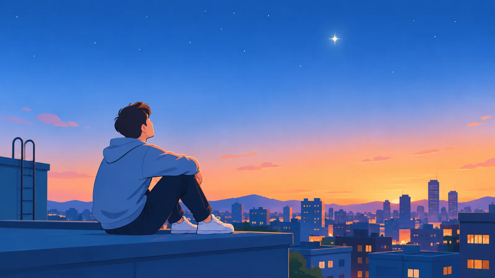 Người ngồi trên mái nhà lúc hoàng hôn nhìn một chấm sáng trên bầu trời