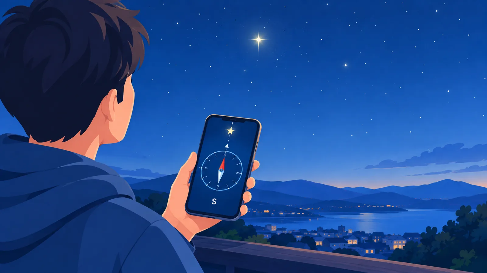 Người dùng la bàn điện thoại đối chiếu hướng nam với bầu trời đêm