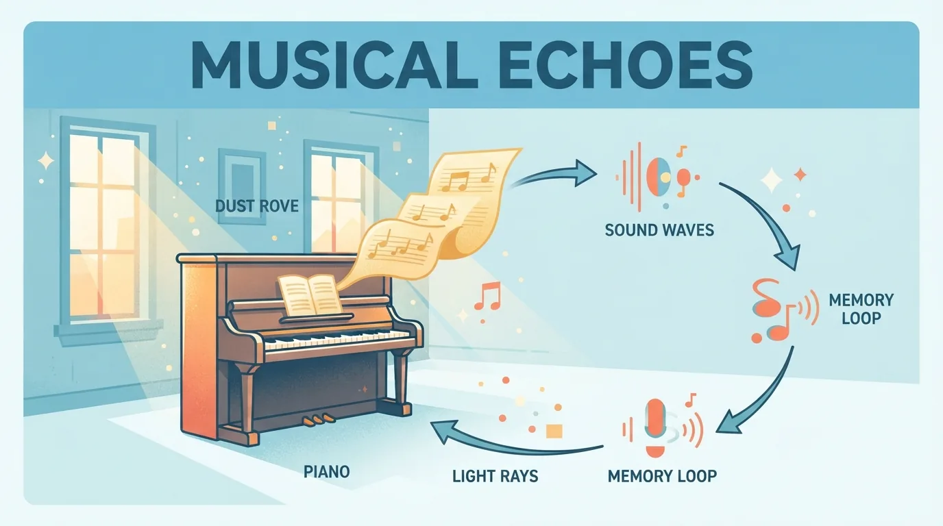 Cây đàn piano cũ và bản nhạc trong căn phòng ánh sáng dịu