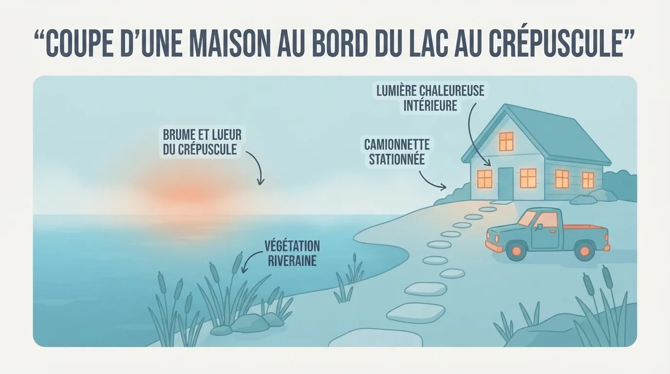 Ngôi nhà bên hồ lúc chiều muộn với chiếc xe bán tải đỗ phía trước