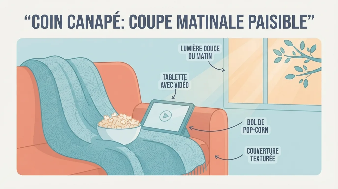 Cuối tuần xem phim với chăn, bắp rang và máy tính bảng trên ghế sofa
