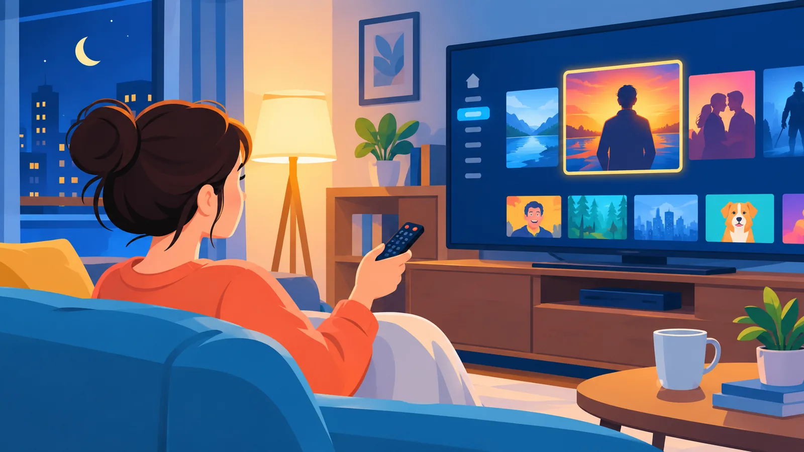 Người xem ngồi trên ghế sofa chọn phim trên màn hình TV trong phòng khách buổi tối