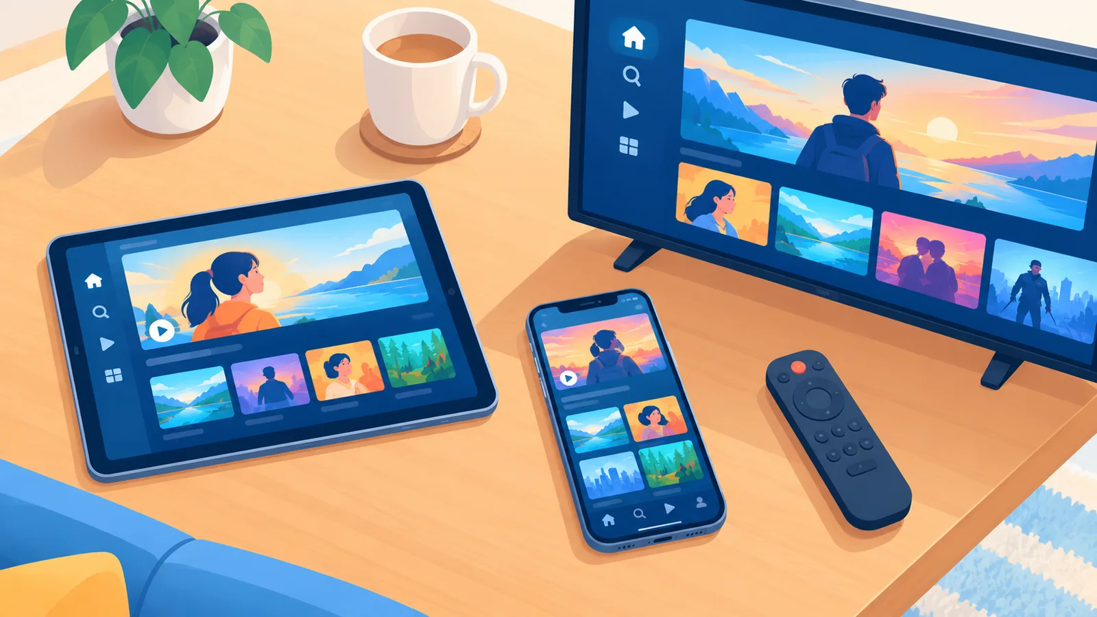 Điện thoại, máy tính bảng và TV cùng hiển thị giao diện xem phim trực tuyến trên bàn