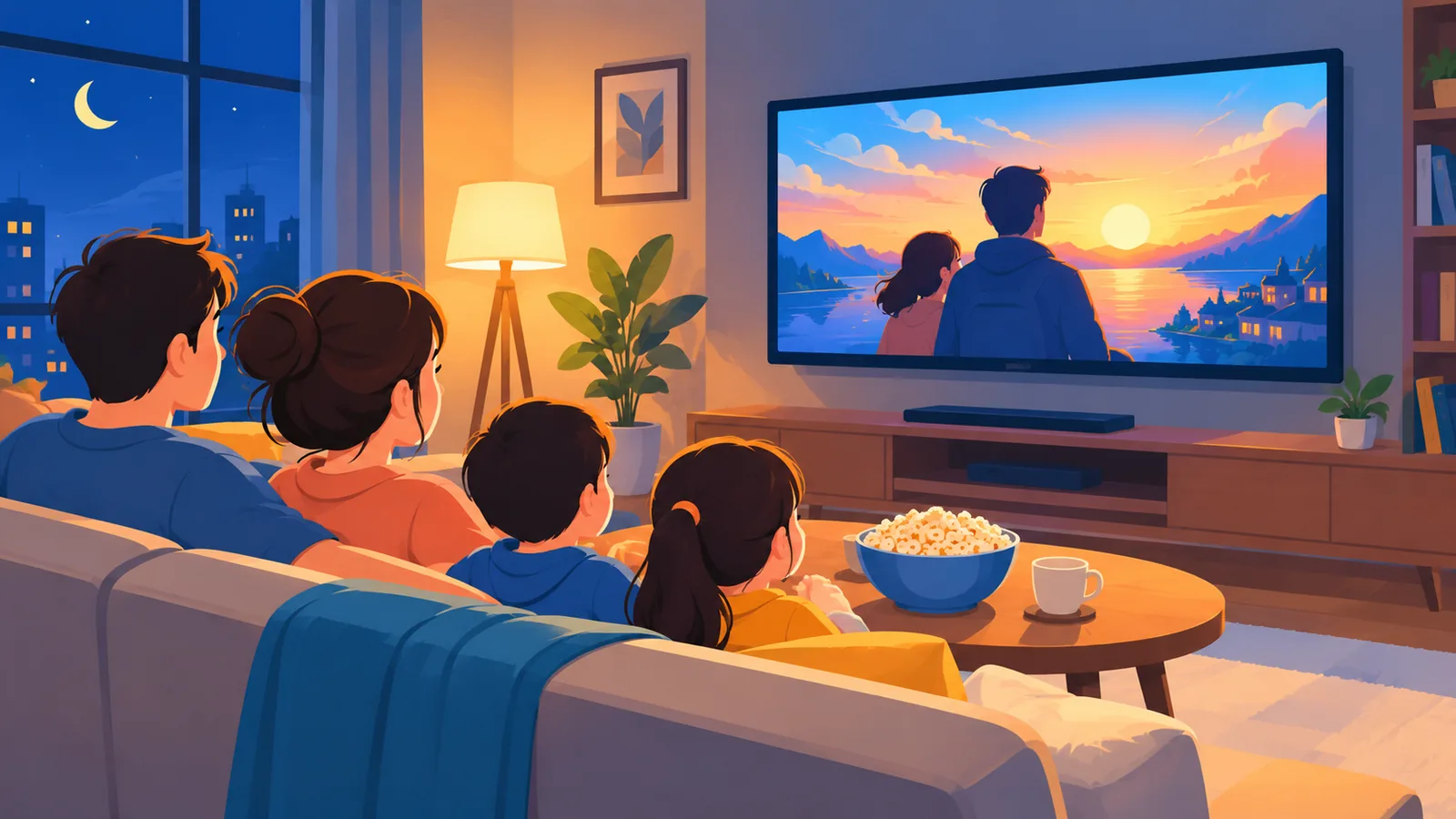 Gia đình xem phim cùng nhau trên TV lớn với đèn phòng khách dịu