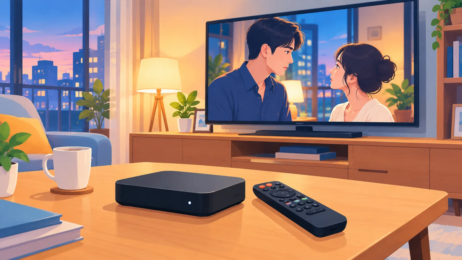 Hộp giải mã và điều khiển từ xa đặt cạnh TV đang chiếu phim truyền hình