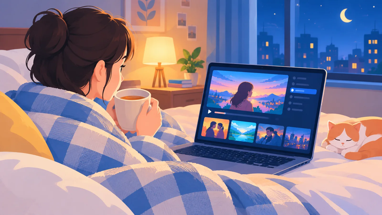 Người xem phim một mình với chăn và đồ uống nóng vào buổi tối cuối tuần