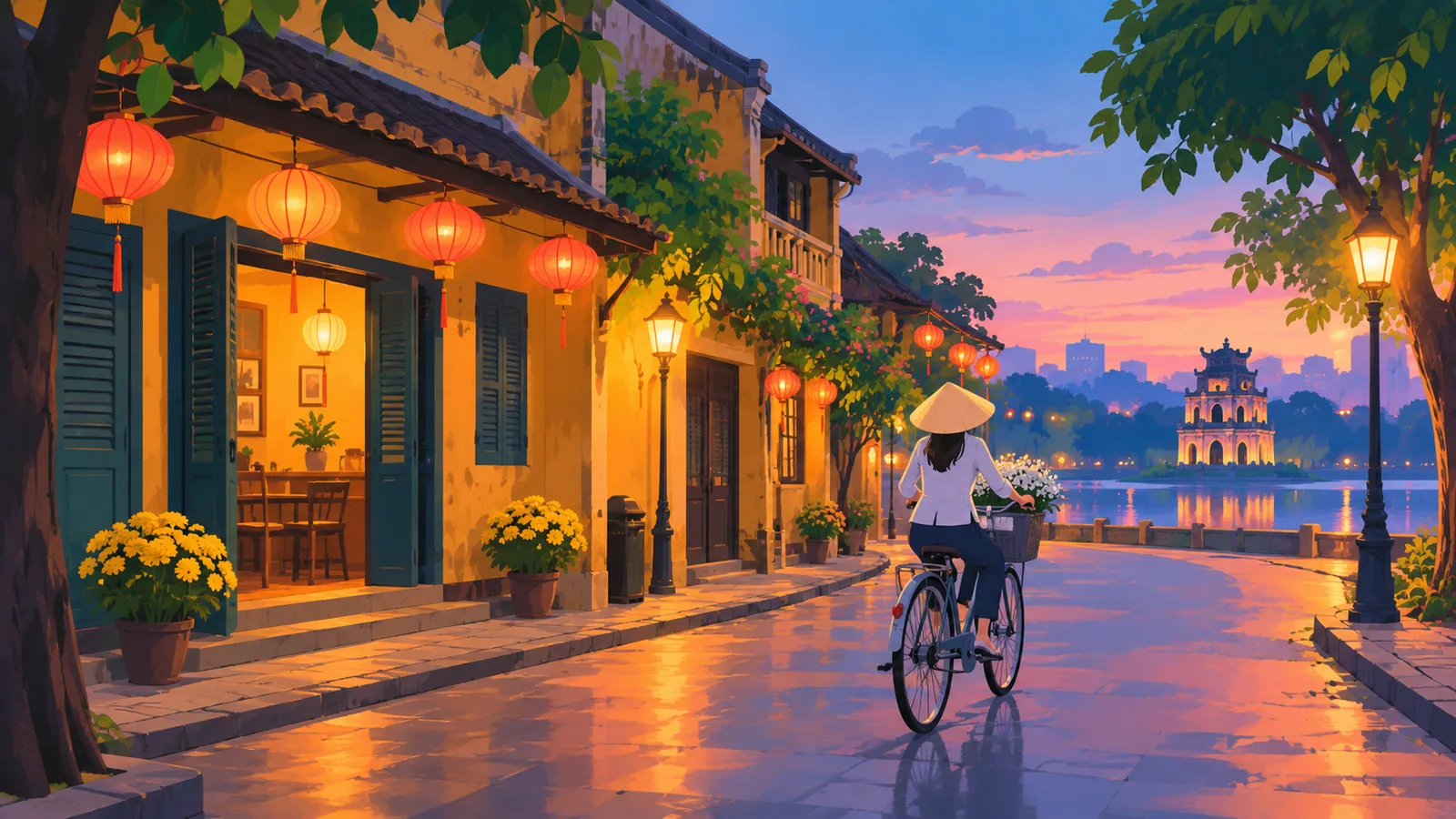 Khung cảnh phố cổ Việt Nam lúc hoàng hôn gợi không khí phim điện ảnh