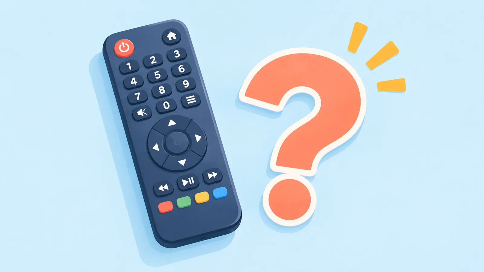 Biểu tượng dấu hỏi trên nền màu nhẹ cạnh điều khiển TV