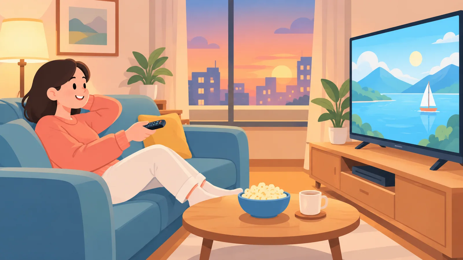 Người xem hài lòng thư giãn với màn hình TV đang chiếu phim vào buổi tối