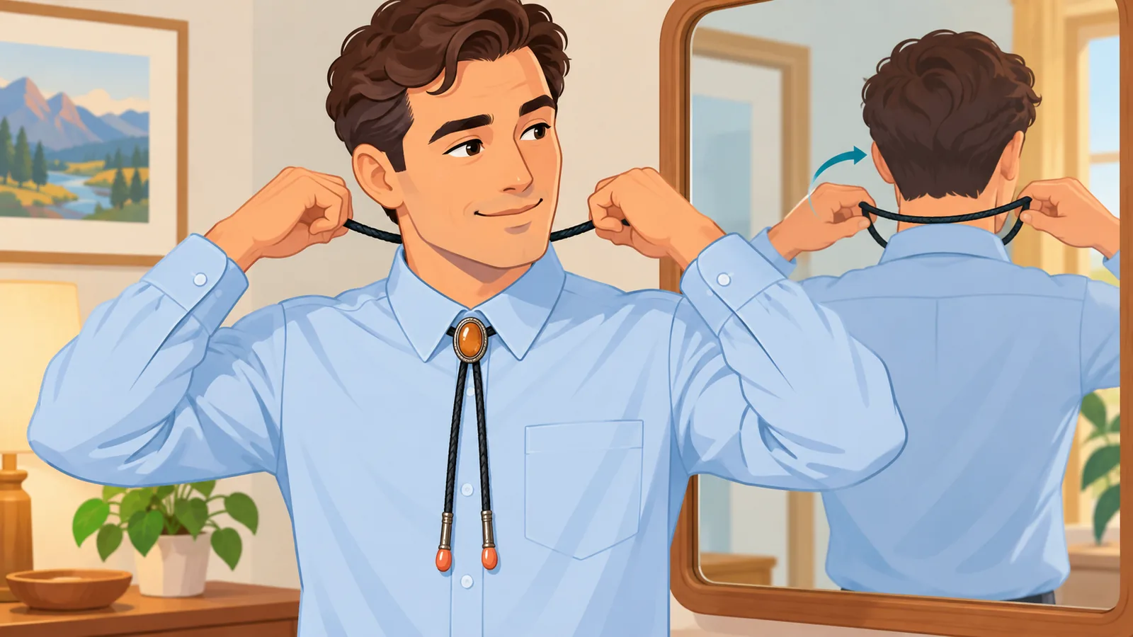 Người đàn ông vòng dây cà vạt bolo ra sau gáy trước gương