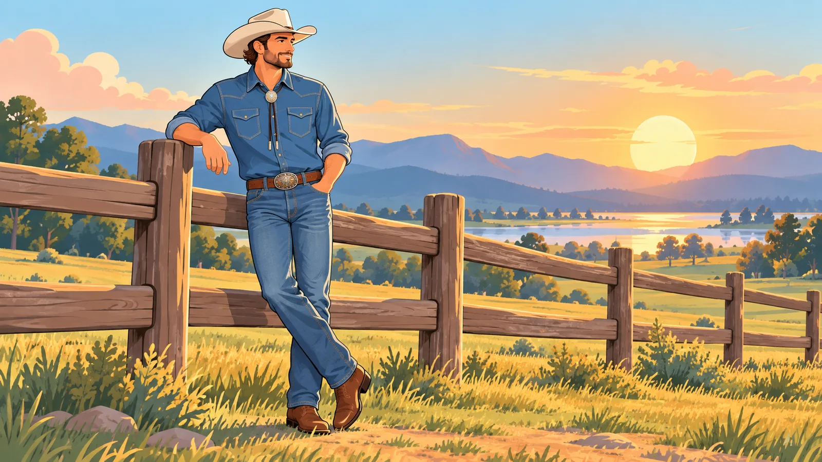 Phối đồ thường ngày với sơ mi denim, quần jeans, bốt và cà vạt bolo