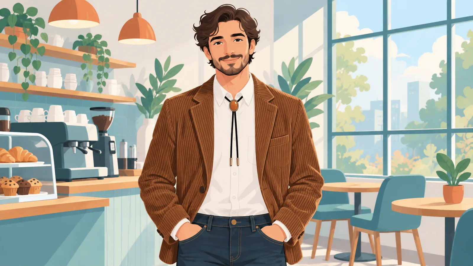 Phối smart casual với sơ mi Oxford, áo khoác nhung kẻ và cà vạt bolo