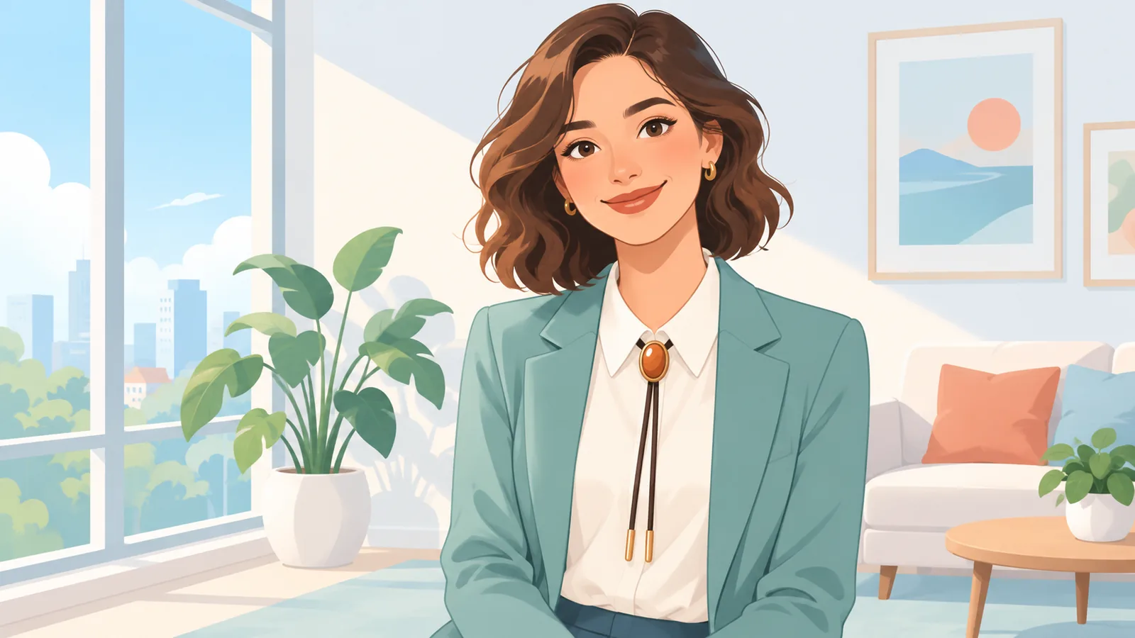 Phụ nữ phối cà vạt bolo với áo blouse và blazer