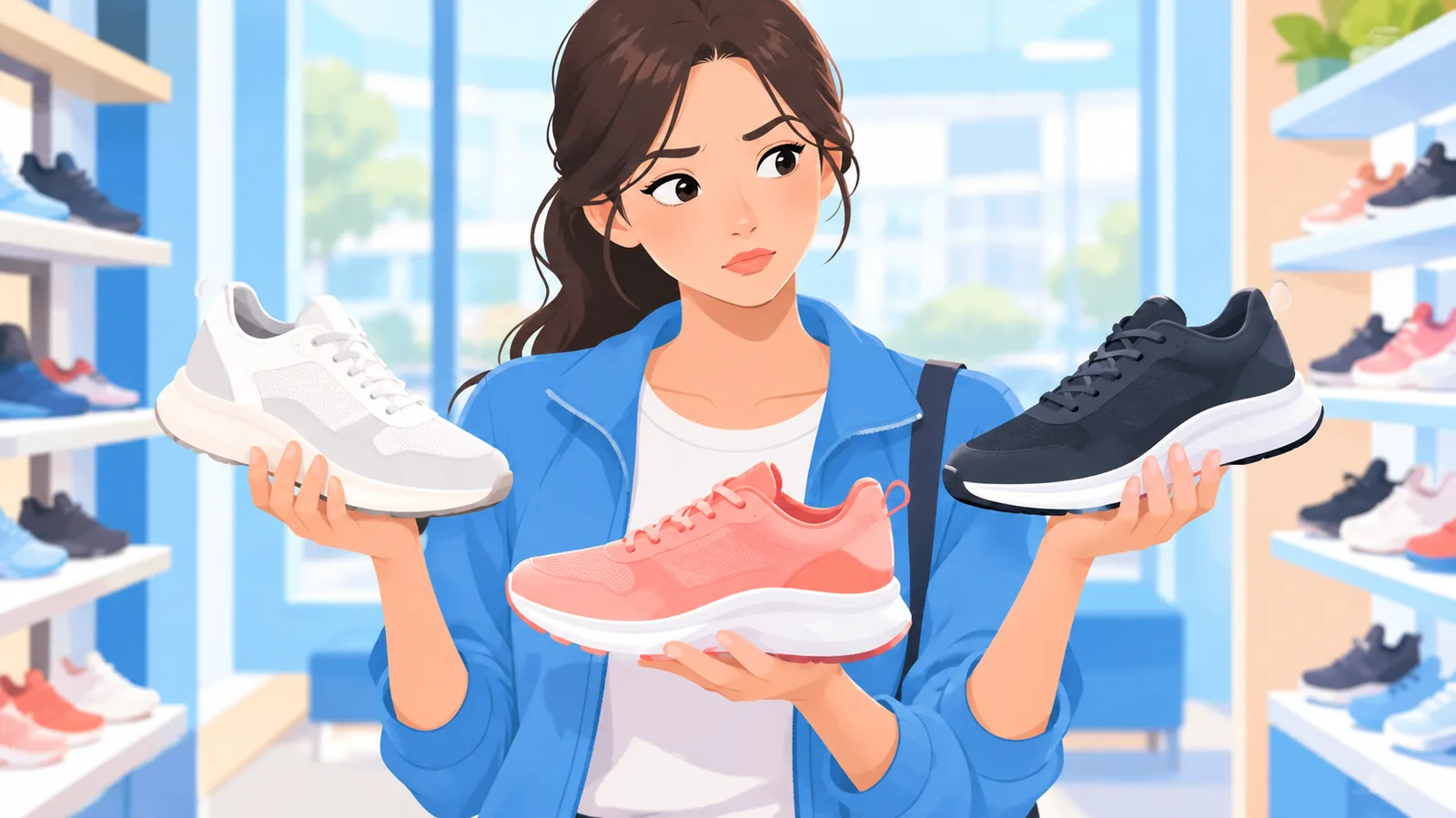 Phụ nữ so sánh ba đôi sneaker trong cửa hàng giày