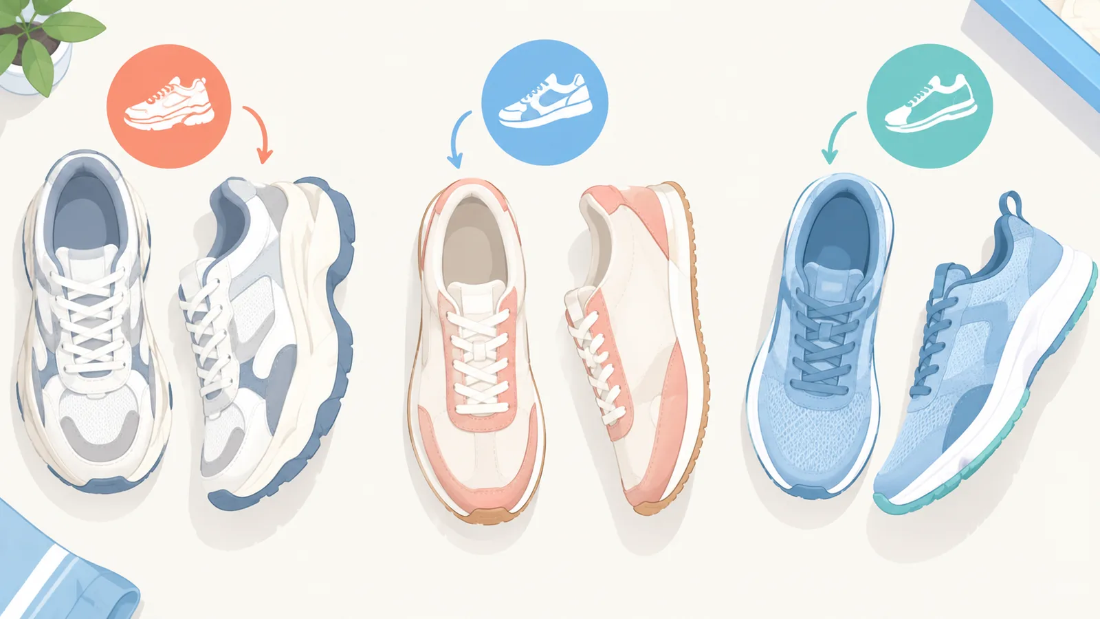 Các phom dáng sneaker nữ xếp cạnh nhau