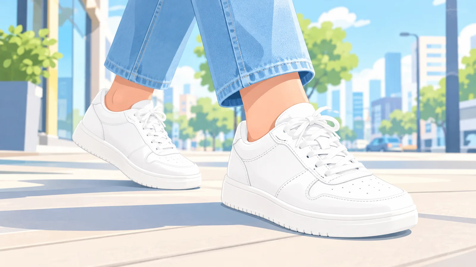 Sneaker trắng phối với quần jeans xanh nhạt