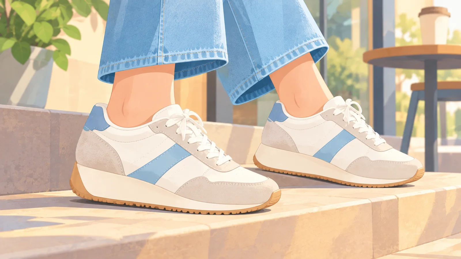 Sneaker retro dáng thấp trên bậc thềm quán cà phê