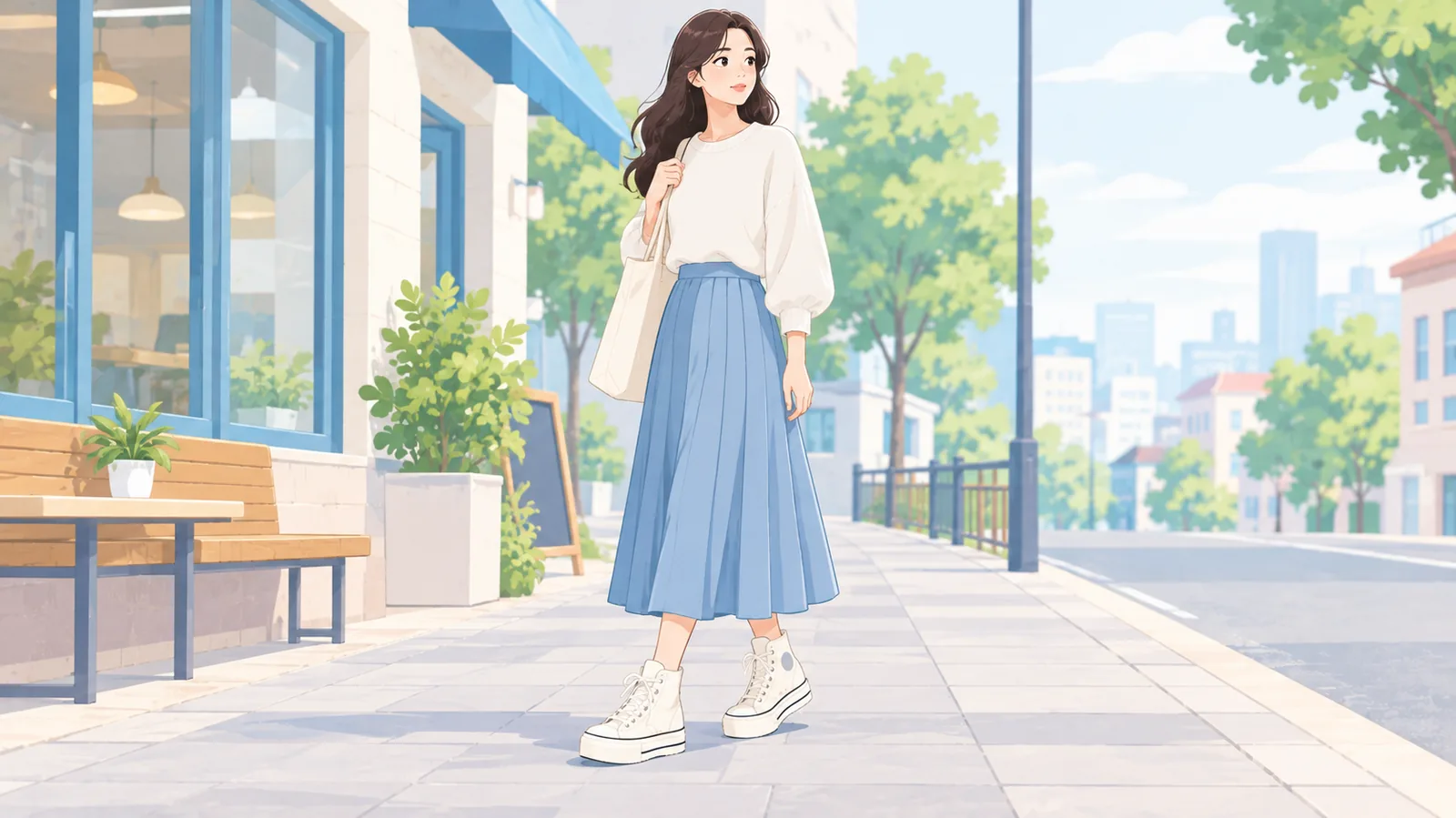 Sneaker canvas đế platform phối với váy midi
