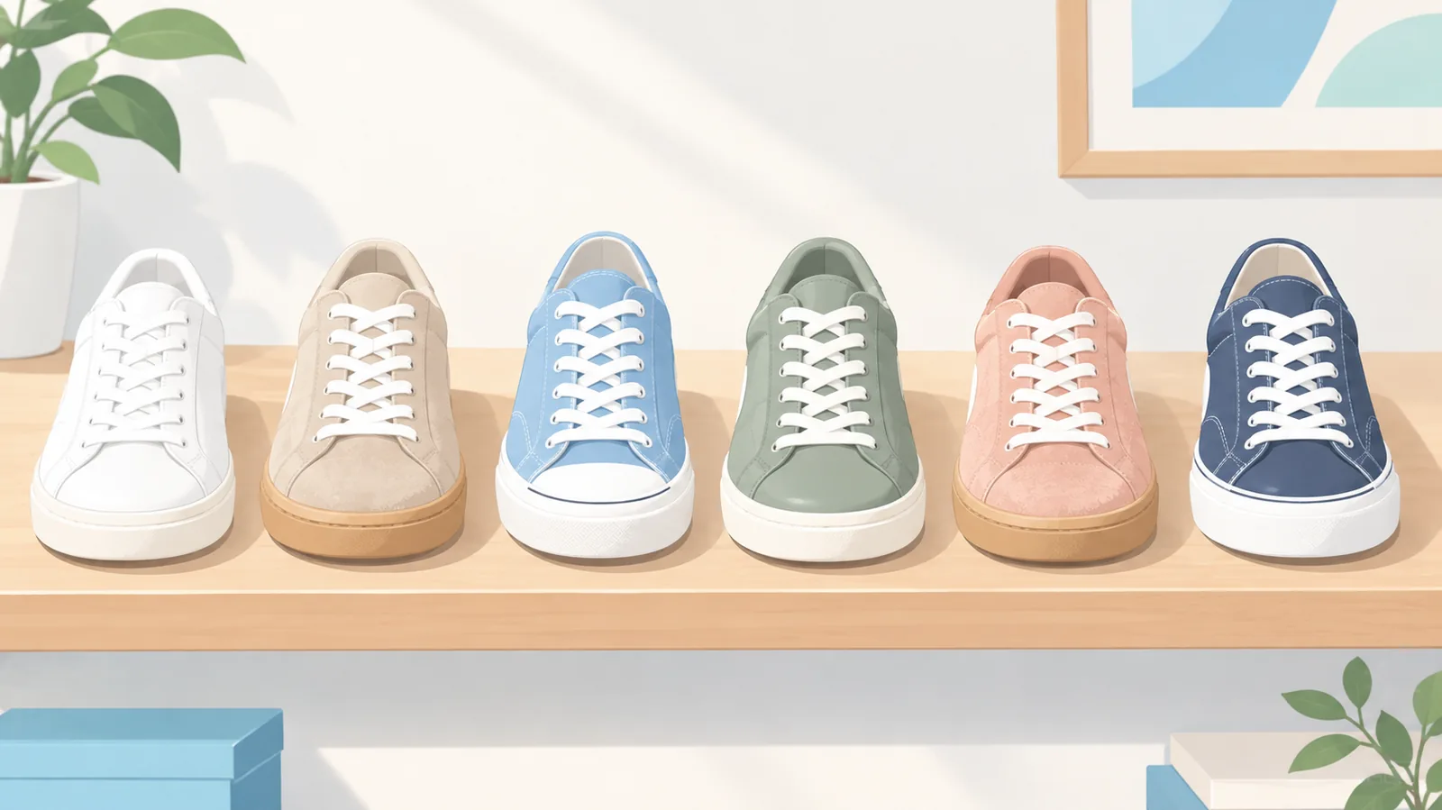 Hàng sneaker nhiều chất liệu và màu sắc trên kệ