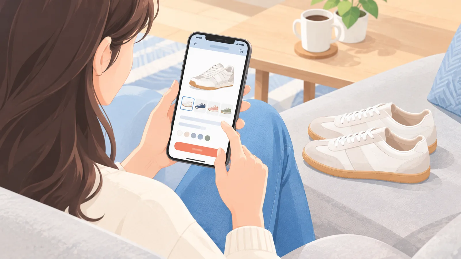 Phụ nữ xem trang sản phẩm giày trên điện thoại