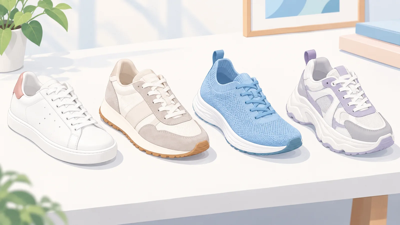 Bốn mẫu sneaker nữ đặt cạnh nhau để so sánh