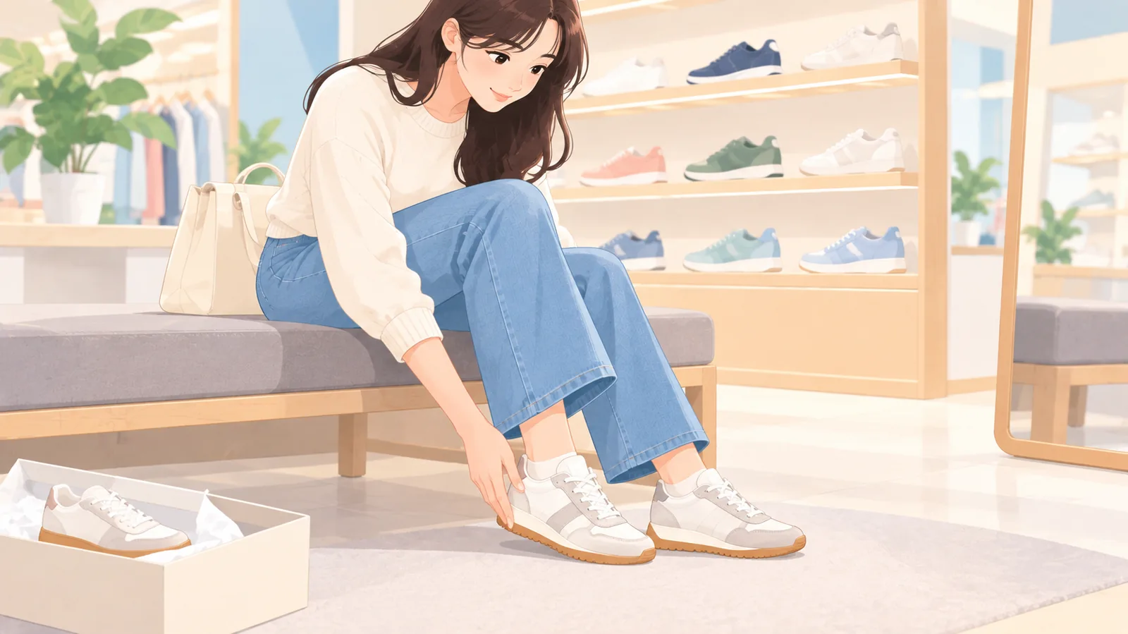 Phụ nữ thử giày và kiểm tra độ vừa ở mũi giày