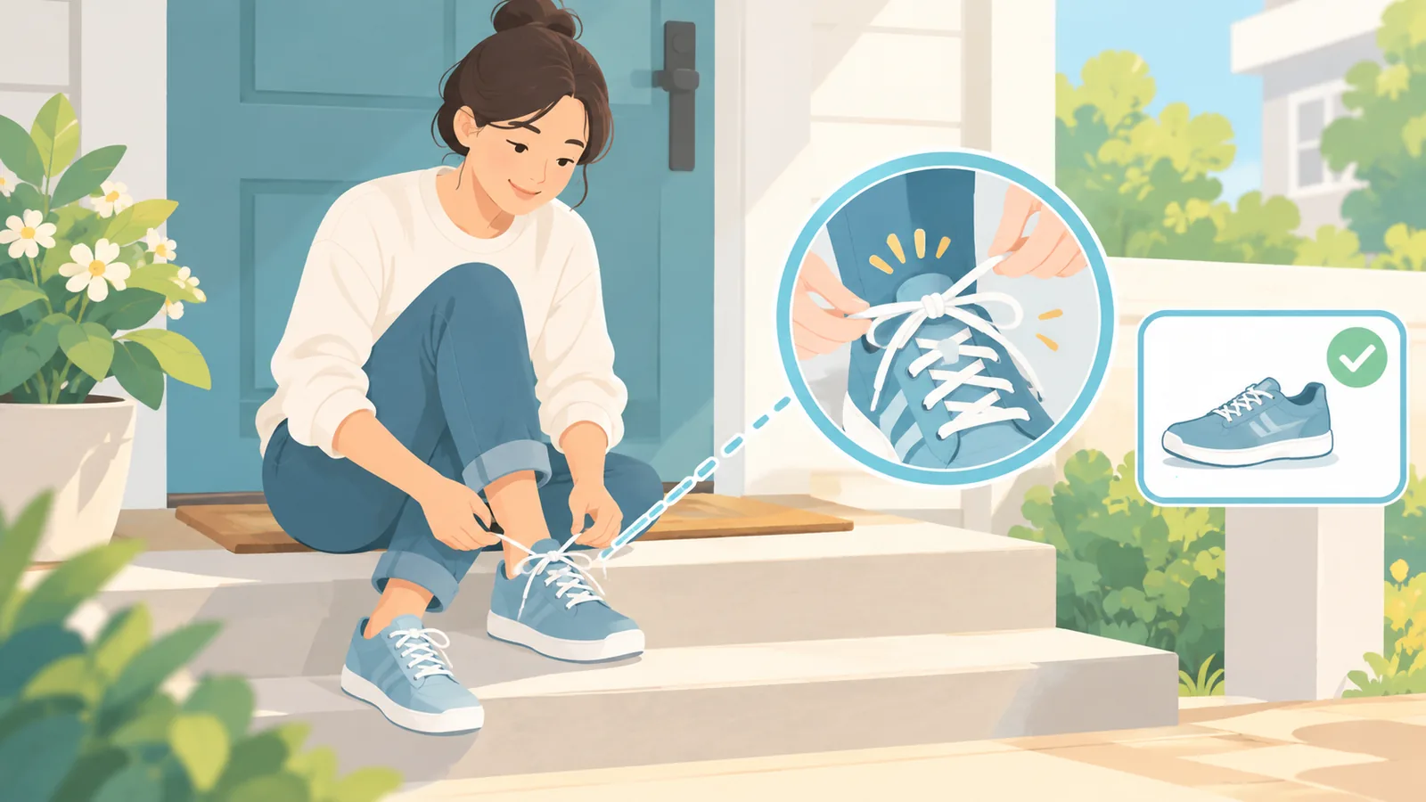 Phụ nữ buộc dây giày sneaker trước cửa nhà