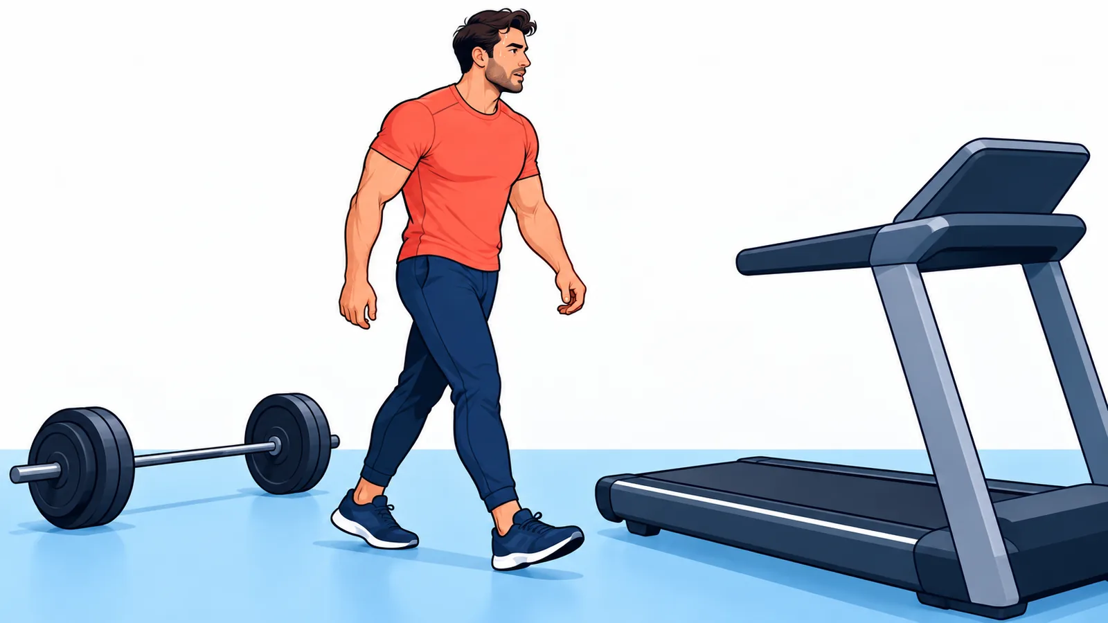 Người tập hoàn thành hiệp squat với tạ đòn rồi bước sang máy chạy bộ trong phòng tập
