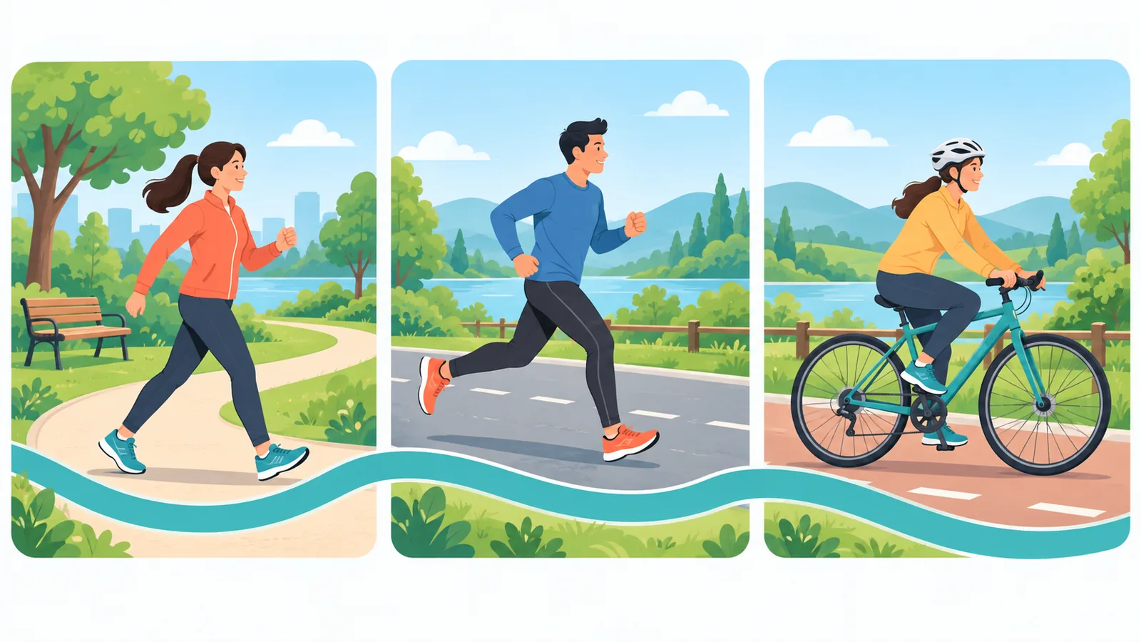 Ba hình thức cardio gồm đi bộ nhanh, chạy bộ và đạp xe
